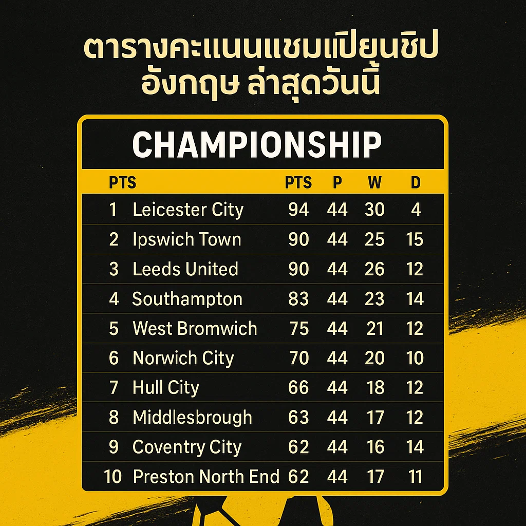 ลำดับของ แชมเปียนชิป (Championship) ตารางคะแนนแชมเปียนชิป อังกฤษ ล่าสุดวันนี้